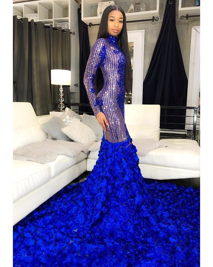 Sparkly Royal Blue Evening Pageant Dresses 2020 High Neck Long Sleeve 3D Floral Black Girls Mermaid Prom Dress vestidos de fiesta
