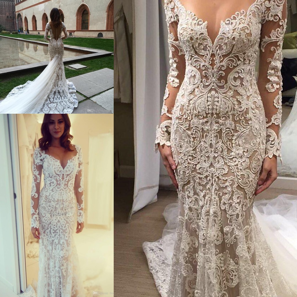 Lace Mermaid 2019 Wedding Dresses Long Sleeves V Neck Trumpet Illusion Back berta church Bridal Gowns Sweep Train robe de mariée