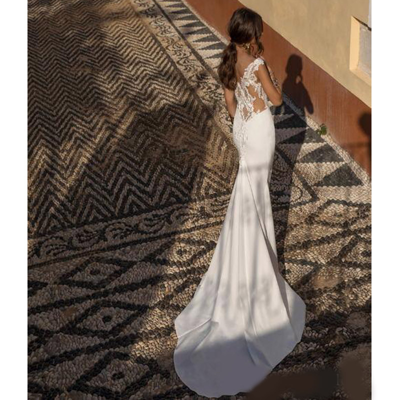 Sexy Style Thigh High Slit Wedding Dress Illusion Back Lace Deep V Neck Sleeveless Mermaid Front Split Bridal Gowns Fashion 2020