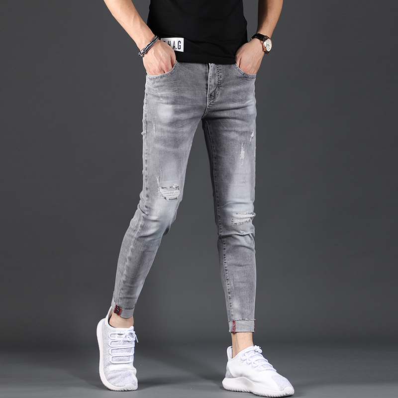 Summer Men Ripped Skinny Jeans Fashion Gray Stretch Denim Lightweight Jean Korean Style Ankle-Length Pants
Summer Men Ripped Skinny Jeans Fashion Gray Stretch Denim Lightweight Jean Korean Style Ankle-Length Pants