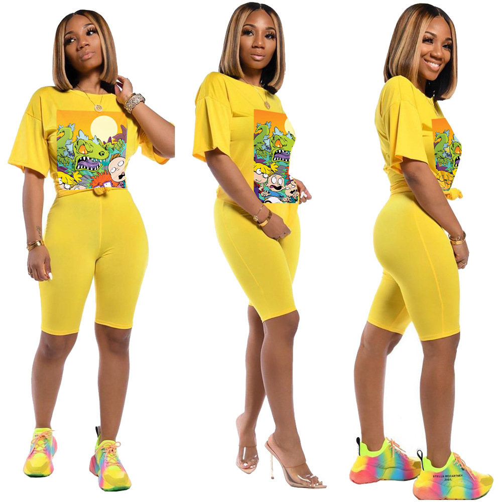 Spot Tracksuits European-style spring and summer fashion street cartoon printing casual loose two-piece suit support mixed batch