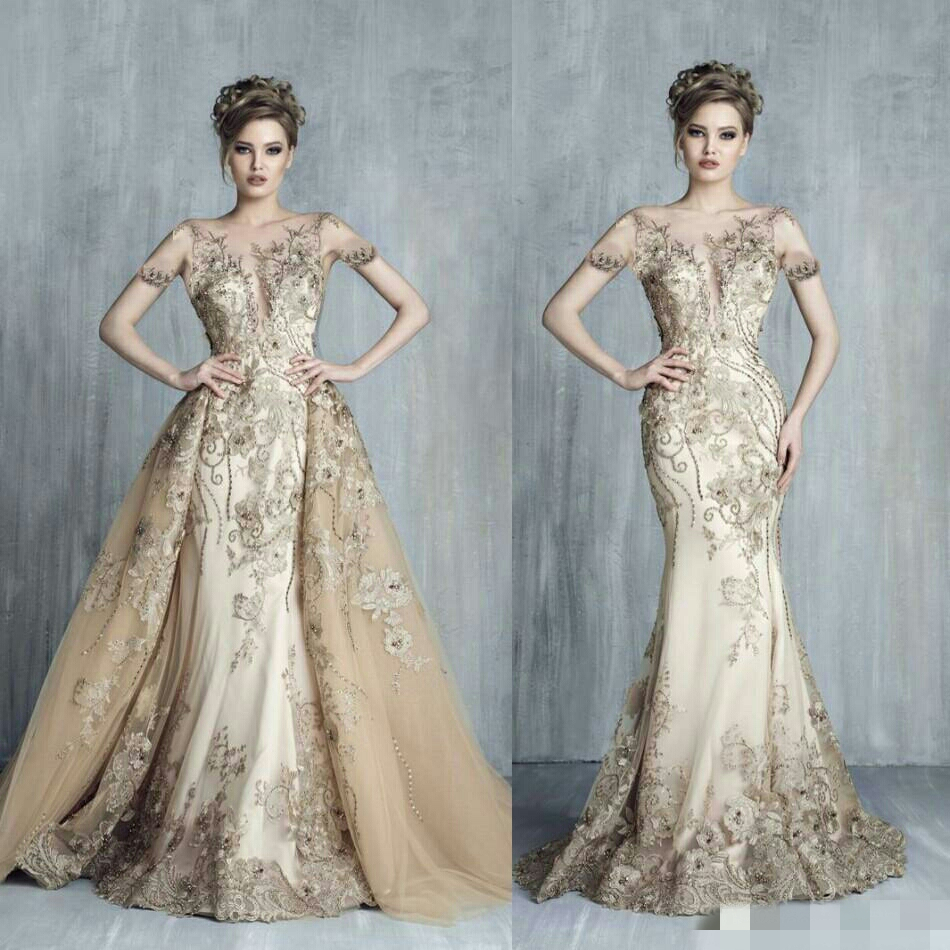 tony chaaya evening dresses with detachable train champagne beads mermaid prom gowns lace applique short sleeve luxury party dress