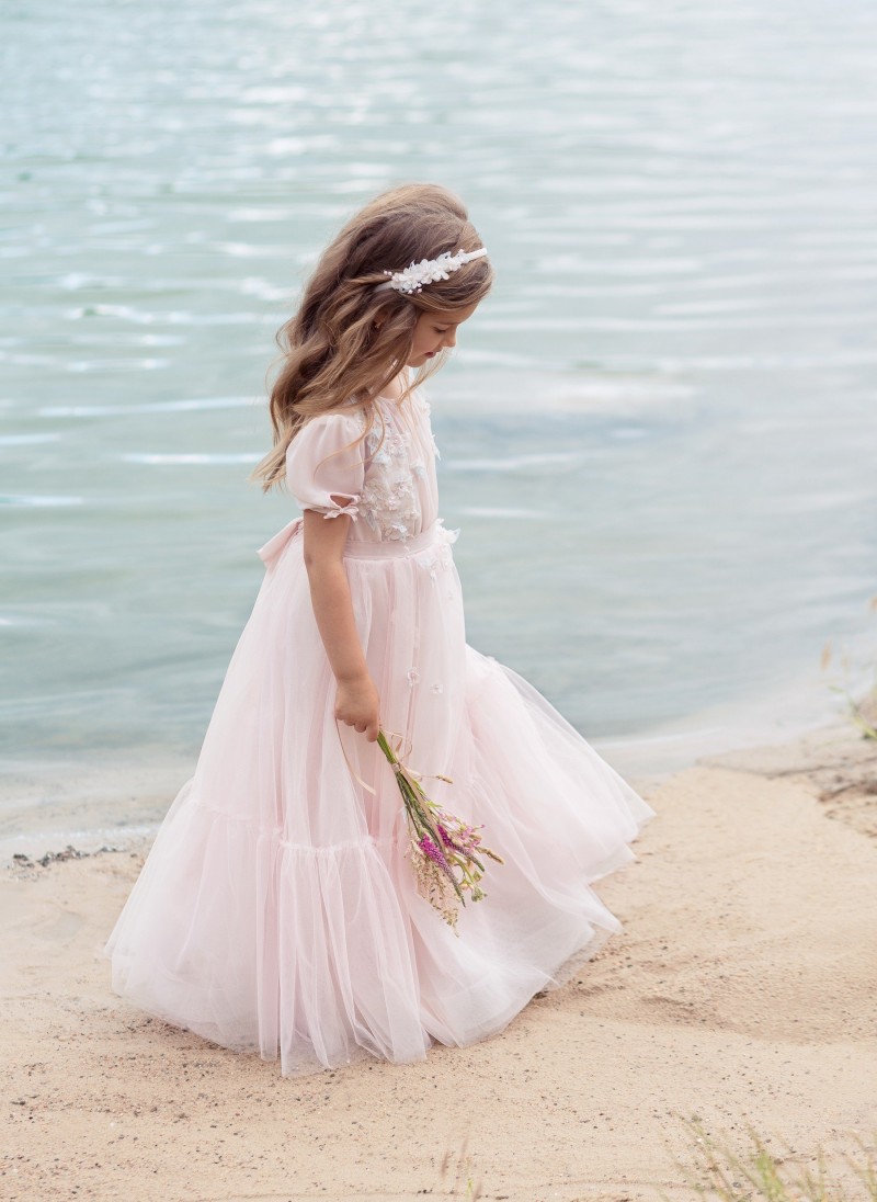 2019 Beach Pink Flower Girl Dresses Short Sleeve 3D Floral Applique Tulle Princess Toddlers Bohemian Kids Formal Wear For Wedding Prom Party