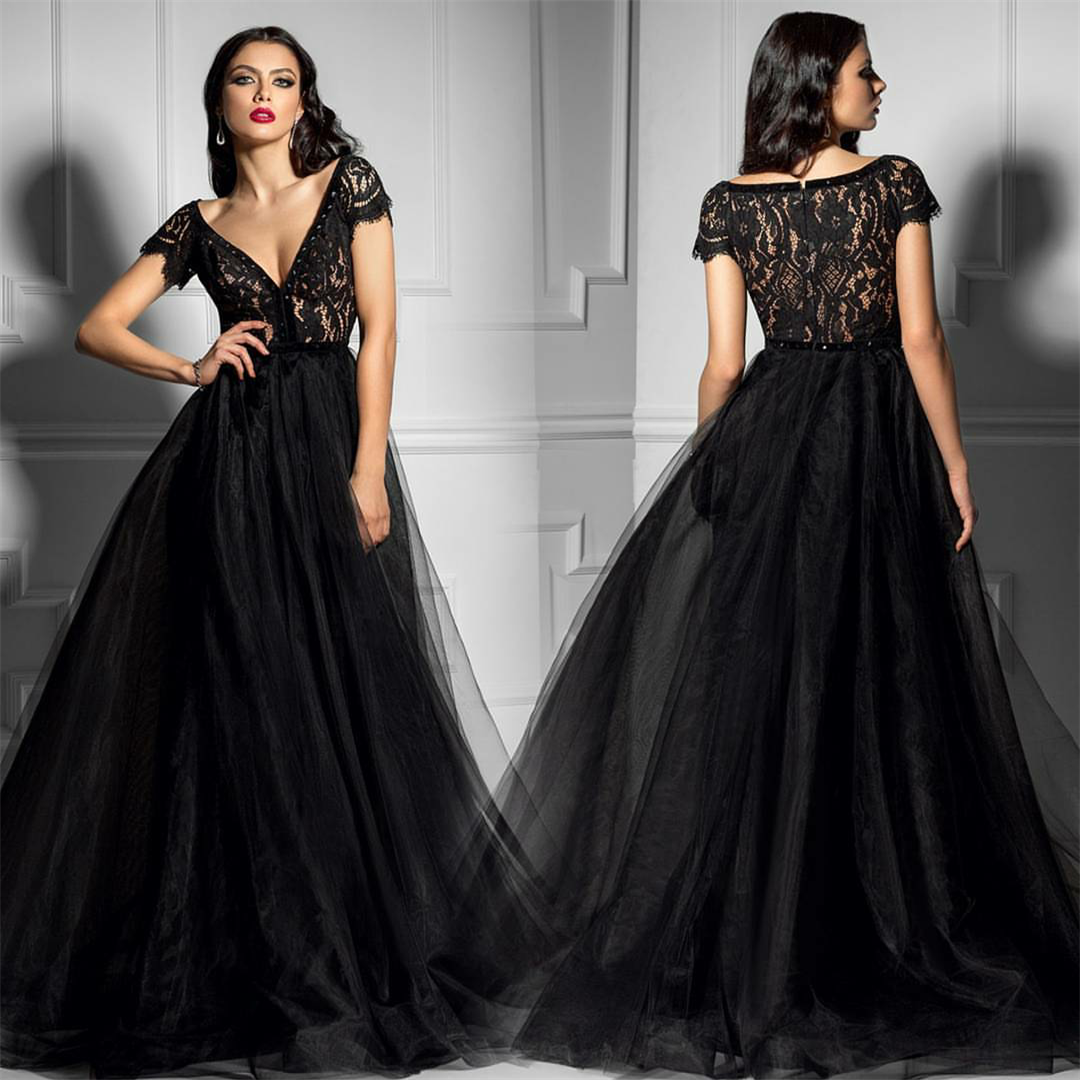 Vestido Black 2019 Prom Dresses Bien Savvy Illusion Lace Short Sleeves Plus Size Party Gowns Special Occasion Dress Evening Dresses