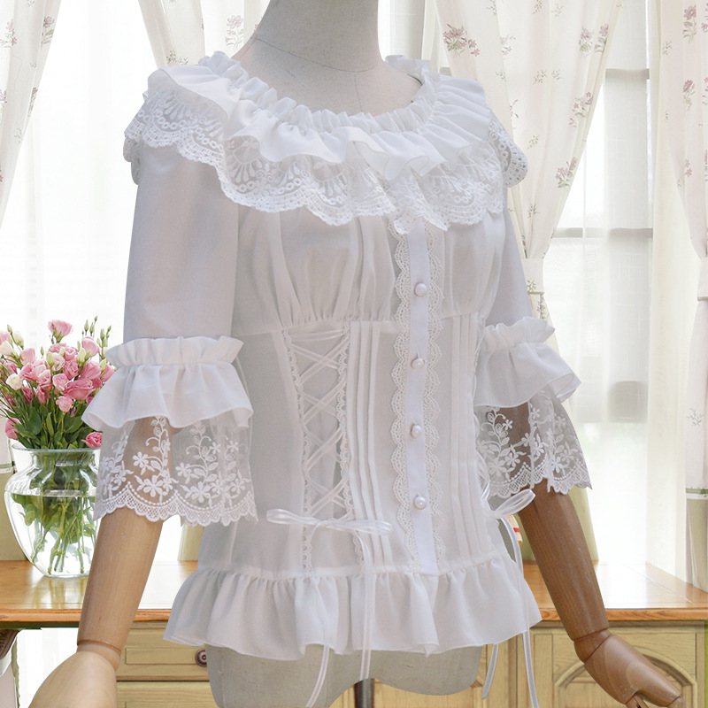 Lolita Women's Chiffon Blouse White Black Half Flare Sleeve with Ruffled Layered Collar Side Lace-up and Lace Accents S-XXL Free Shipment