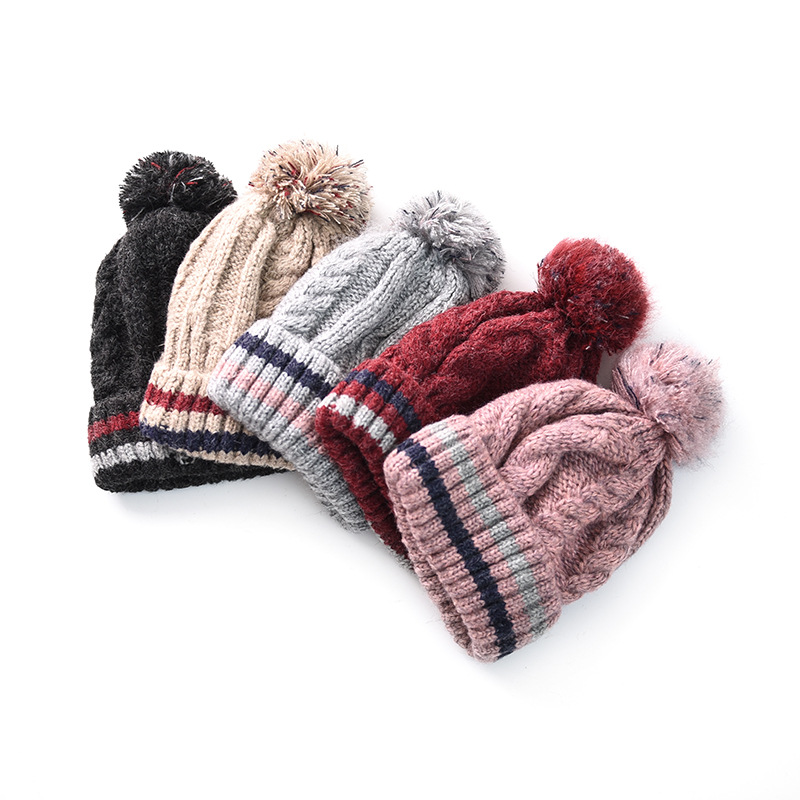 Fur Pompom Wool Winter Hat for Women Girls Striped Knitted Skullies Beanies Thick Warm Pom pom Hat Ski bonnet femme