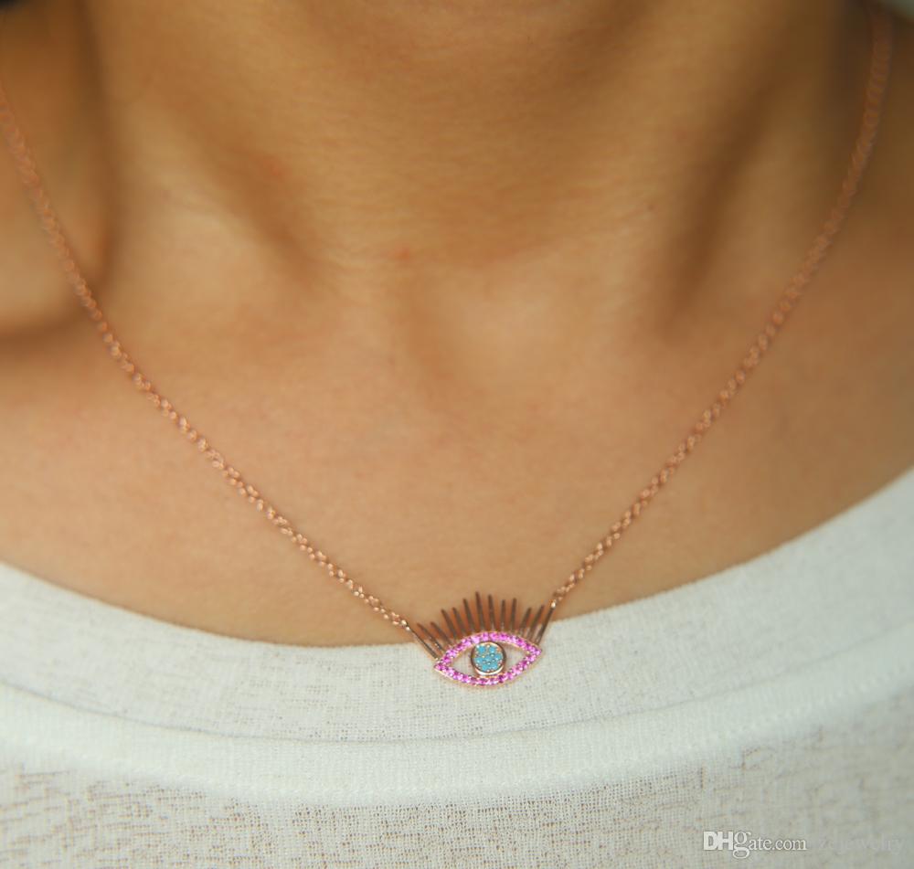 2019 Top Fashion Maxi Necklace Collier Collares Guarantee 925 sterling Silver women Eyelash Evil Eye Turkish Jewelry Rose Color Cz Necklaces