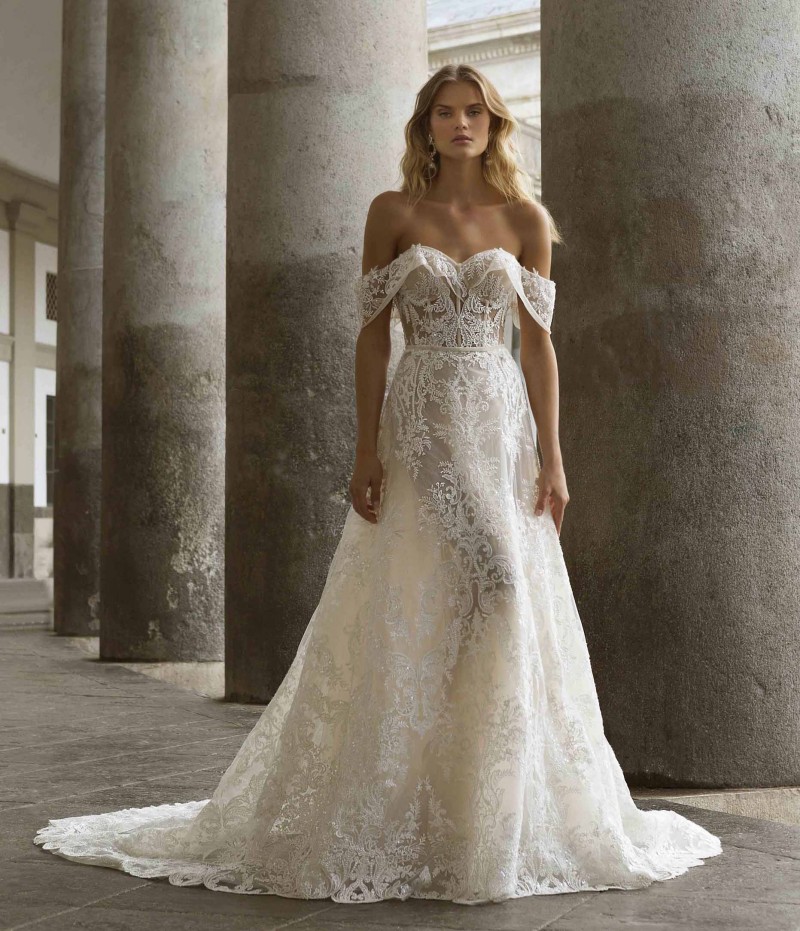 Berta Fashion Lace Wedding Dresses Off The Shoulder Sequined Bridal Gowns A E Sweep Train Appliqued Robe De Mari E