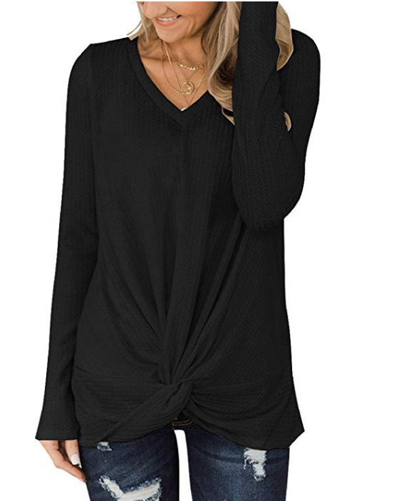 Spot 2021 European spring and summer solid color V-neck long sleeve waffle twisted T-shirt shirt sweater support mixed batch
