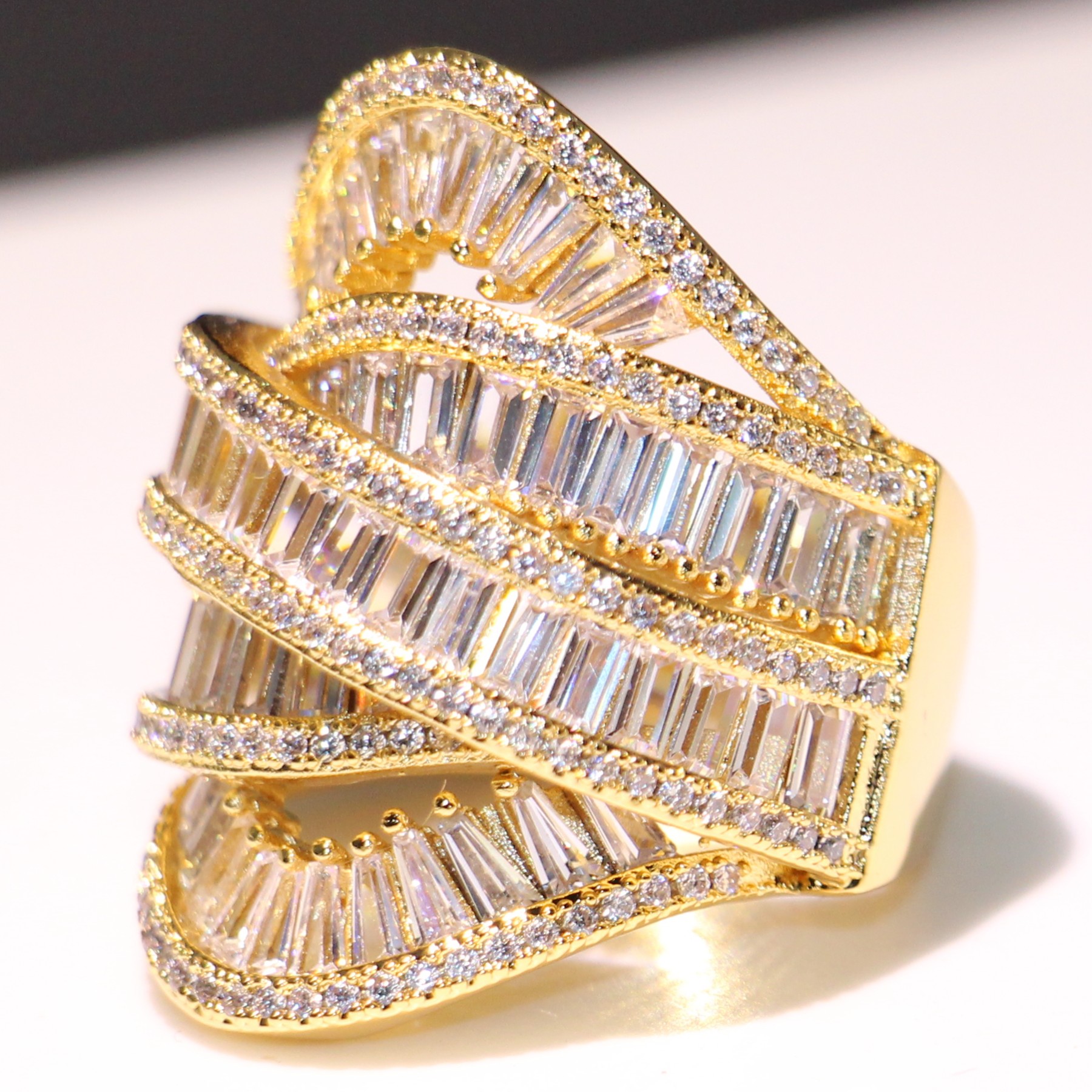 2024 Sterg Sier & Gold Filled White Topaz CZ Dia Wide Wedding Ring, Boho Engagement Band for Women, Size 6-10