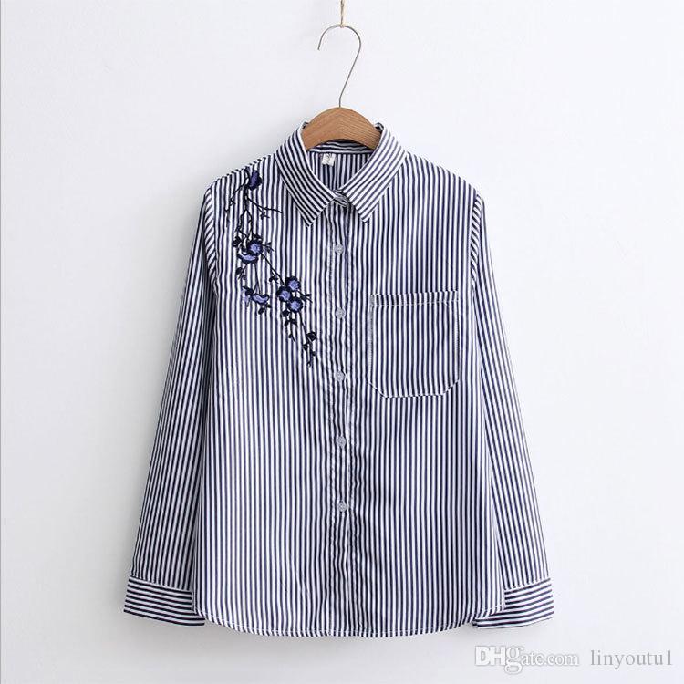 2020 Floral Embroidery Striped Blouse Women Long Sleeve Shirt And Tops Casual Cotton Plus Size 3XL Tops Office Lady