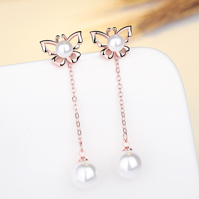 S925 Silver Pearl Butterfly Dangle Earrings Jewelry with 925 Silver Ear plug Four Wearing Methods