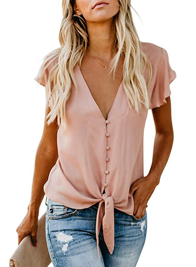 hot sale T-shirt Women's Knotted chiffon shirt Womens Casual V Neck T-shirt Ladies Long Sleeve Top Buckle Oversized T Shirt