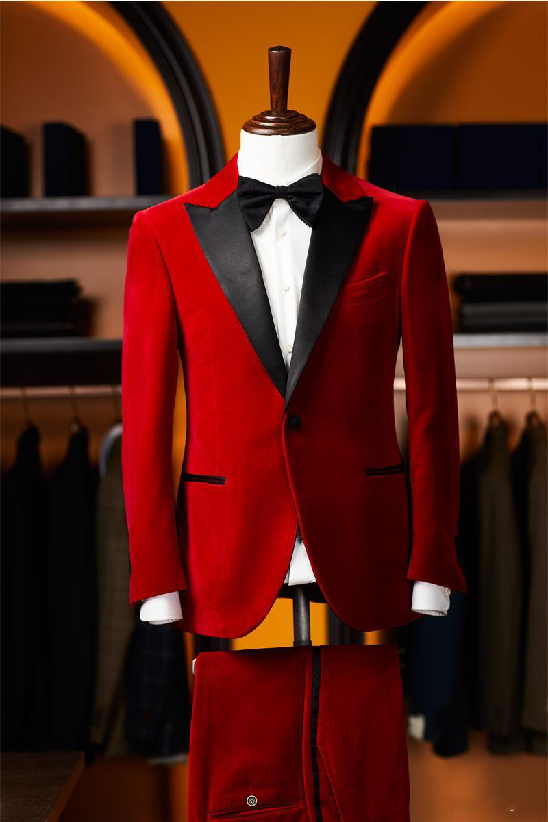 Red Two Pieces (Blazer+Pant) Wedding Men Suits Bridegroom Wear Formal Business Tuxedos With Peaked Lapel One Button Clothing