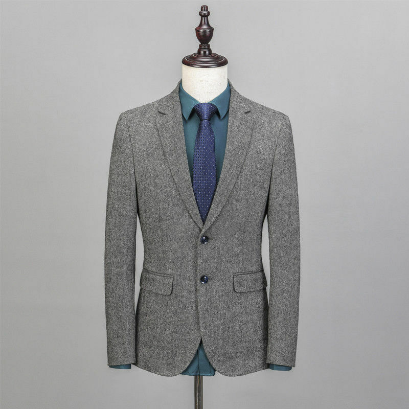 Men's Vintage Wedding Suits 3 Pieces Tweed Fleck Two Button Gray Groom Wear Custom Made New Jacket Blazer