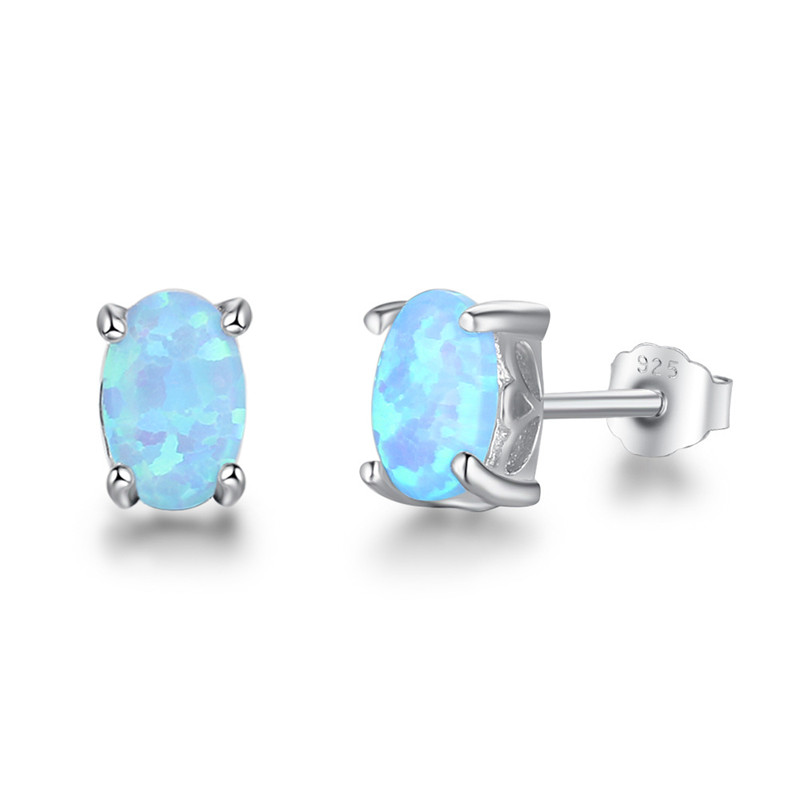 100% 925 Sterling Silver Stud Earrings New Fashion 4mm Oval Blue Fire Opal Earrings Fine Jewelry For Women