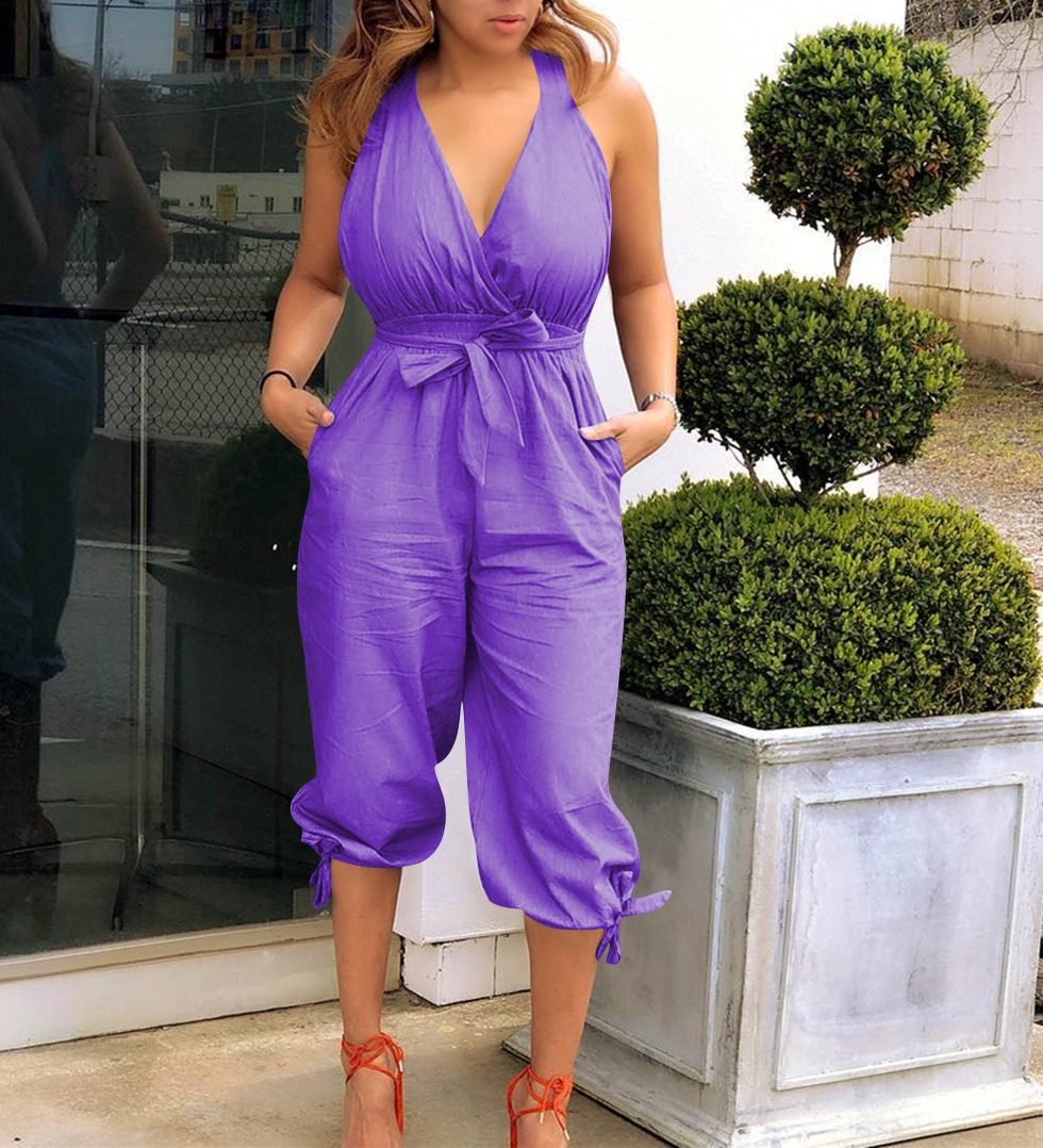 Jumpsuits spring and summer European casual Fashion backless V-neck tie jumpsuit support mixed batch