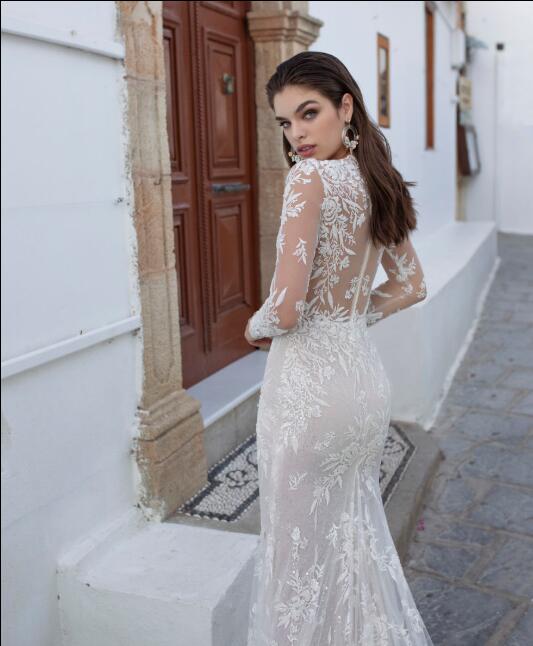 Lian Rokman Mermaid Wedding Dresses 2020 V Neck Lace Applique Sequins Beach Wedding Dress Bridal Gowns Long Sleeve Robes De Mariée
