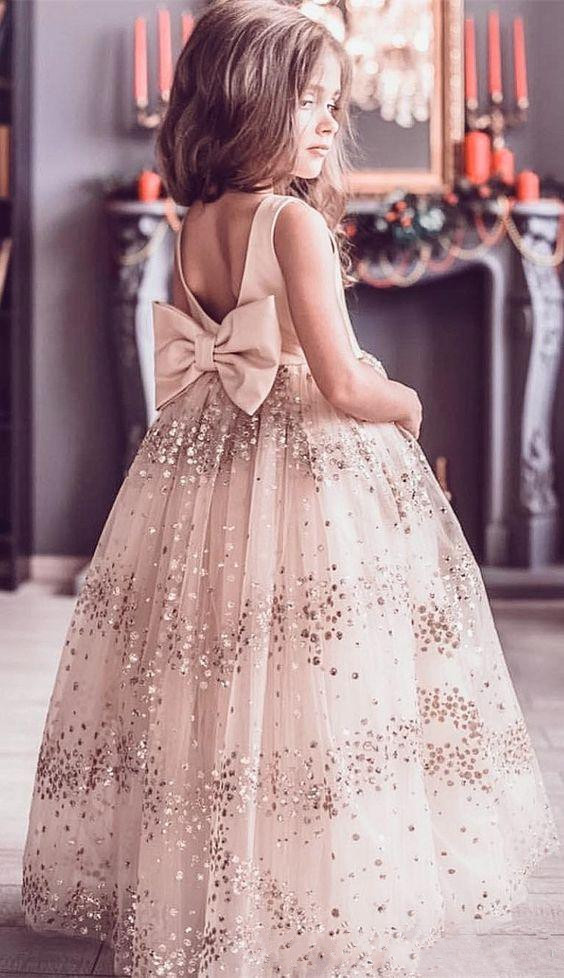 champagne sequined flower gilr dresses bow ball gown vintage little girl wedding dresses beautiful child pageant dresses gowns