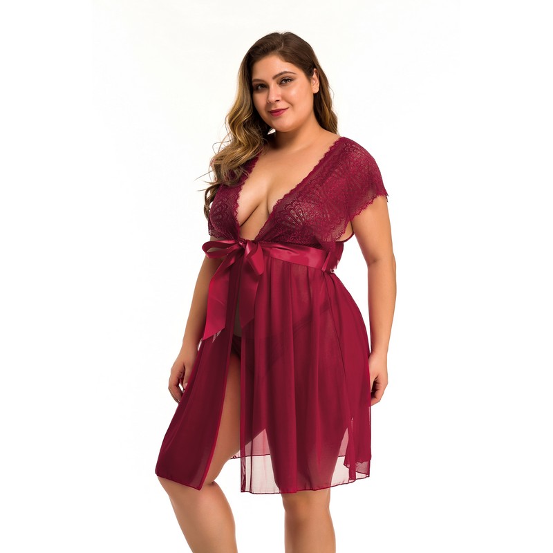 Women Open Front Scalloped Plunging Lace & Mesh Babydoll with G-String and Sash Belt Black Maroon Plus Size S-4XL Sexy Valentine's Sleepwear
