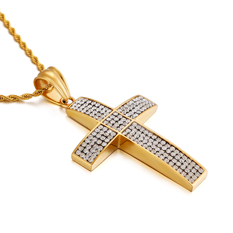 Men Hip Hop Cross Pendants Necklace 316L Stainless Steel Full Cubic Zirconia Setting 18K Gold Plated Jewelry