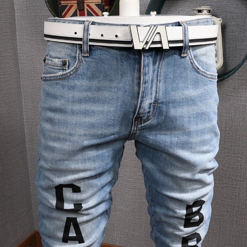 Print Distressed Blue Jeans Guy Slim Biker Fit Skinny Leg Ripped Fading Cowboy Trousers Men