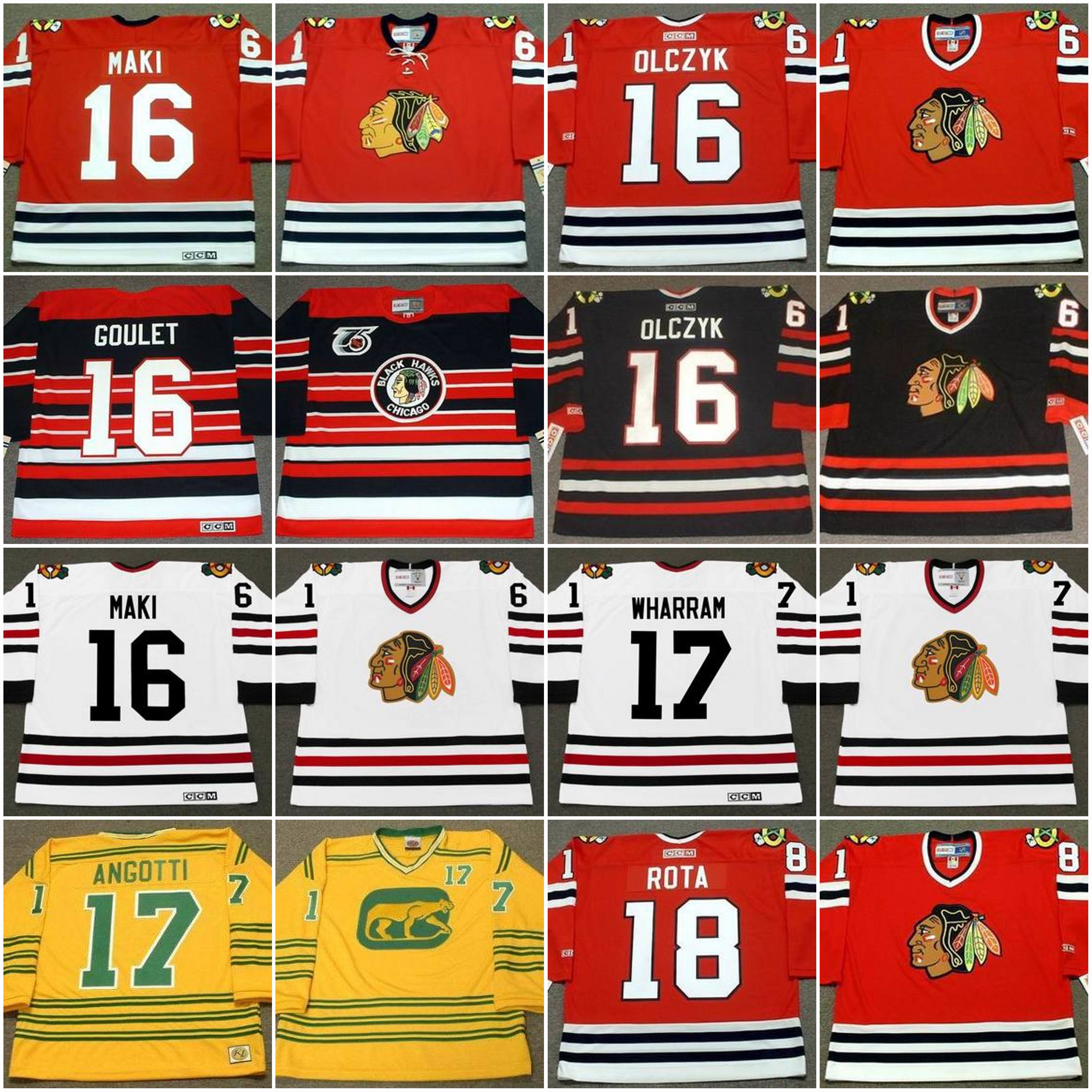 Chicago Blackhawks 16 CHICO MAKI 1963 ED OLCZYK 1985 MICHEL GOULET 1992 KENNY WHARRAM 1967 DARCY ROTA 1975 DENIS SAVARV intage Hockey Jersey, Black;red
Chicago Blackhawks 16 CHICO MAKI 1963 ED OLCZYK 1985 MICHEL GOULET 1992 KENNY WHARRAM 1967 DARCY ROTA 1975 DENIS SAVARV intage Hockey Jersey, Black;red