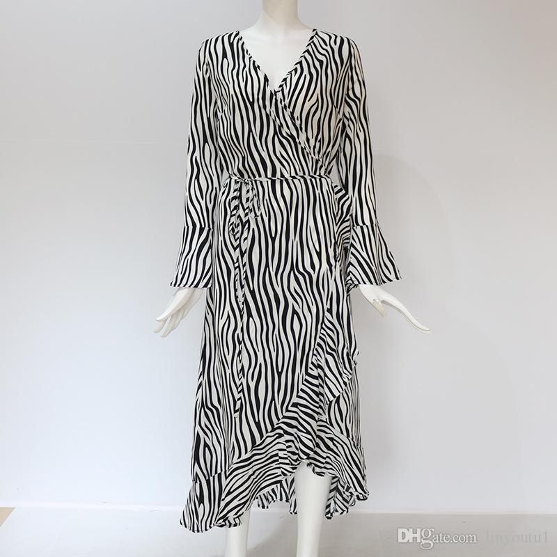 Summer Long Dresses 2020 Women Zebra Print Beach Chiffon Dress Casual Long Sleeve V Neck Ruffles Elegant Party Dress