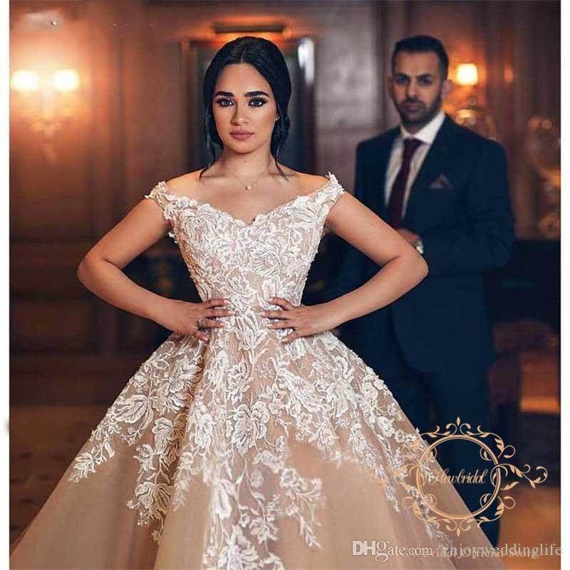 Champagne Plus Size A Line Dresses Off Shoulder Lace Applique Pleats Floor Length Wedding Dress Bridal Gowns Vestidos De Noiva