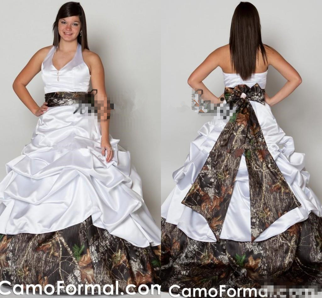 Plus Size Camo Dresses A Line Halter Ruched Pleats V Neck Satin Wedding Bridal Gown Custom Made