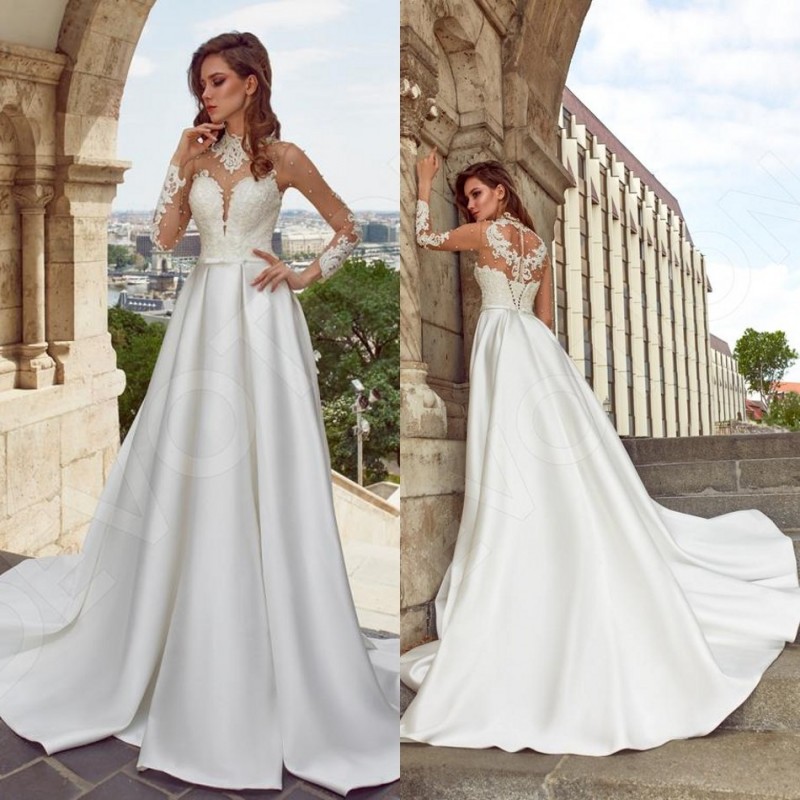 beach a line long sleeve wedding dresses high neck lace pearls soft satin sweep train bridal gowns plus size robe de marie