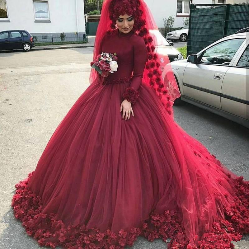 Muslim Ball Gown Wedding Dresses with Long Sleeve Full 3D Floral Handmade Flower Cathedral Train Church Garden Bridal Wedding Gown