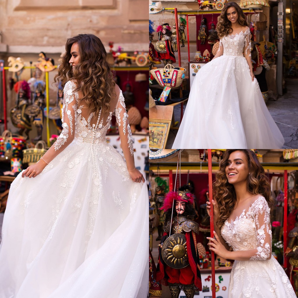 Romantic Lussanobridal Wedding Dresses Sheer Neck Long Sleeves Lace Bridal Gowns Button Back Boho Plus Size Wedding Dress vestido de novia