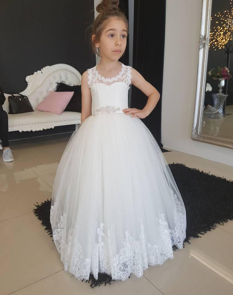 Ivory Flower Girls Dresses Lace Girls Wedding Party Dress Ball Gown Summer Pleats Tulle with Lace Applique Lace-up back