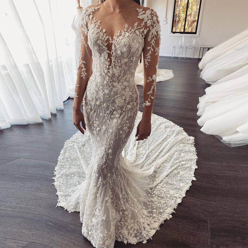 Sheer Neck Long Sleeve Lace Mermaid Wedding Dresses 3D Flower Pearls Appliques See Through Button Back Chapel Train Bridal Dress, Red
Sheer Neck Long Sleeve Lace Mermaid Wedding Dresses 3D Flower Pearls Appliques See Through Button Back Chapel Train Bridal Dress, Red