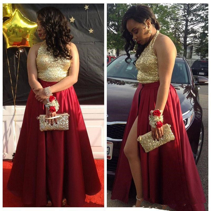 2019 Sparkly Gold Sequins Halter Black Girls Prom Dresses Long Burgundy Stain Skirt Front Slit A Line Formal African Evening Party Gowns 156, Red
2019 Sparkly Gold Sequins Halter Black Girls Prom Dresses Long Burgundy Stain Skirt Front Slit A Line Formal African Evening Party Gowns 156, Red