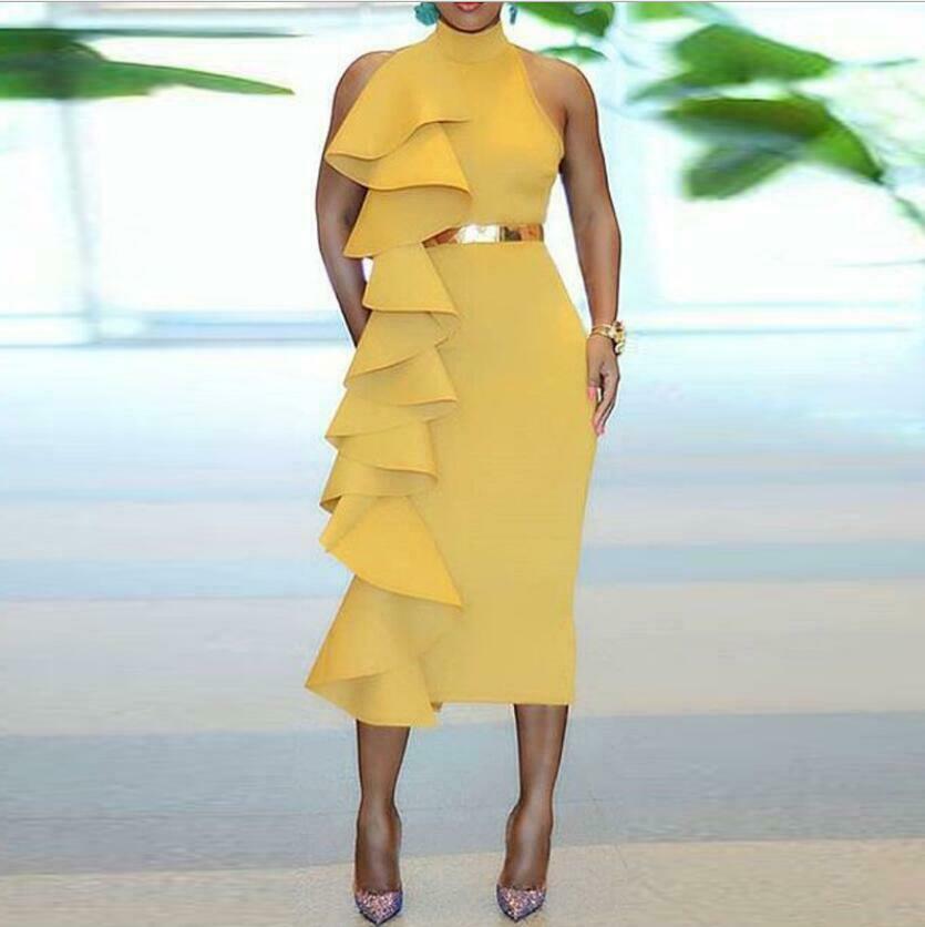 Yellow Prom Dresses One Shoulder Tiered High Neck Evening Dress Sleeveless Tea Length Party Red Carpet Runway Fashion Gowns
