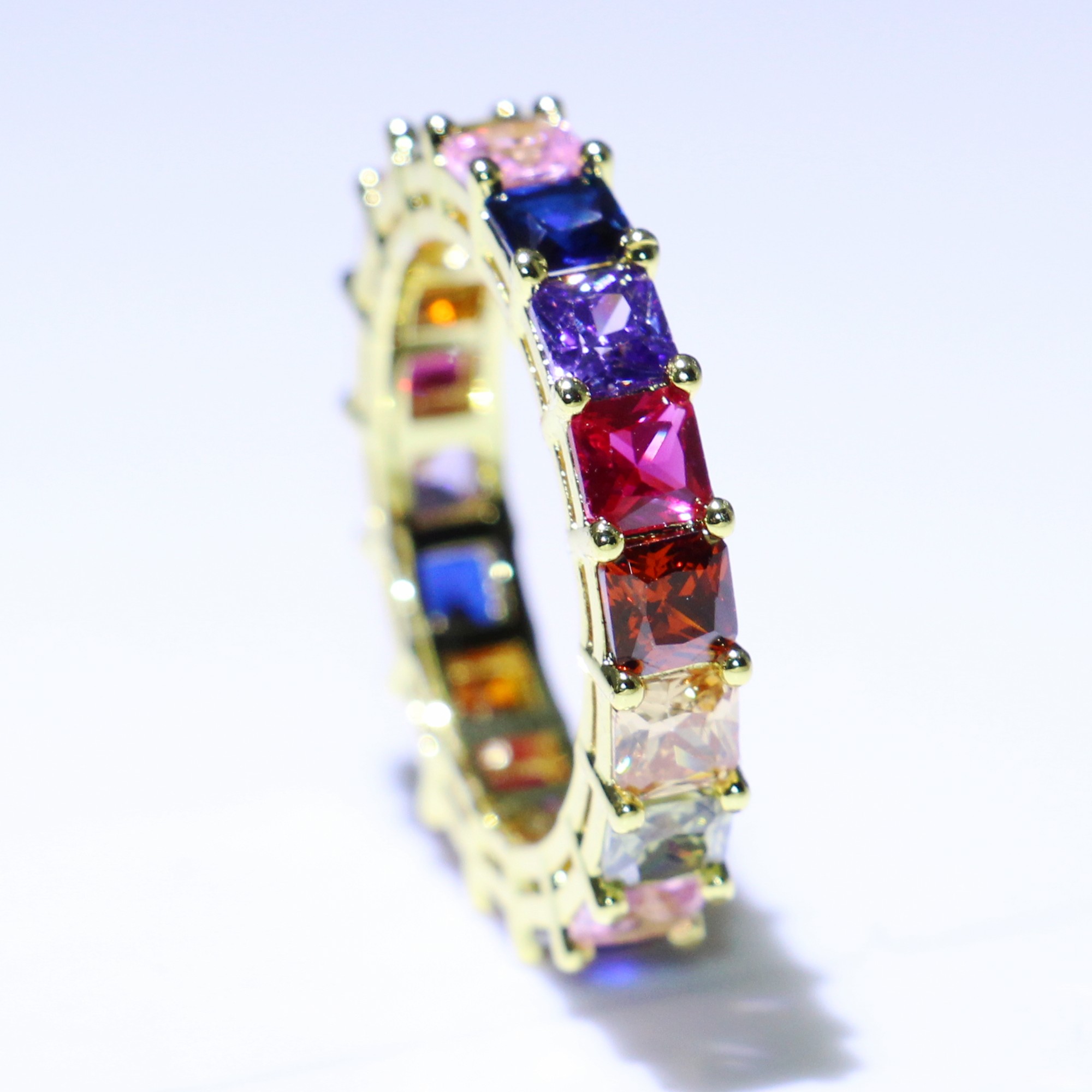 Size 5-10 New Arrival Hot Sale Luxury Jewelry 925 Sterling Silver&Gold Fill Princess Cut Multi Topaz CZ Diamond Seven Color Women Band Ring