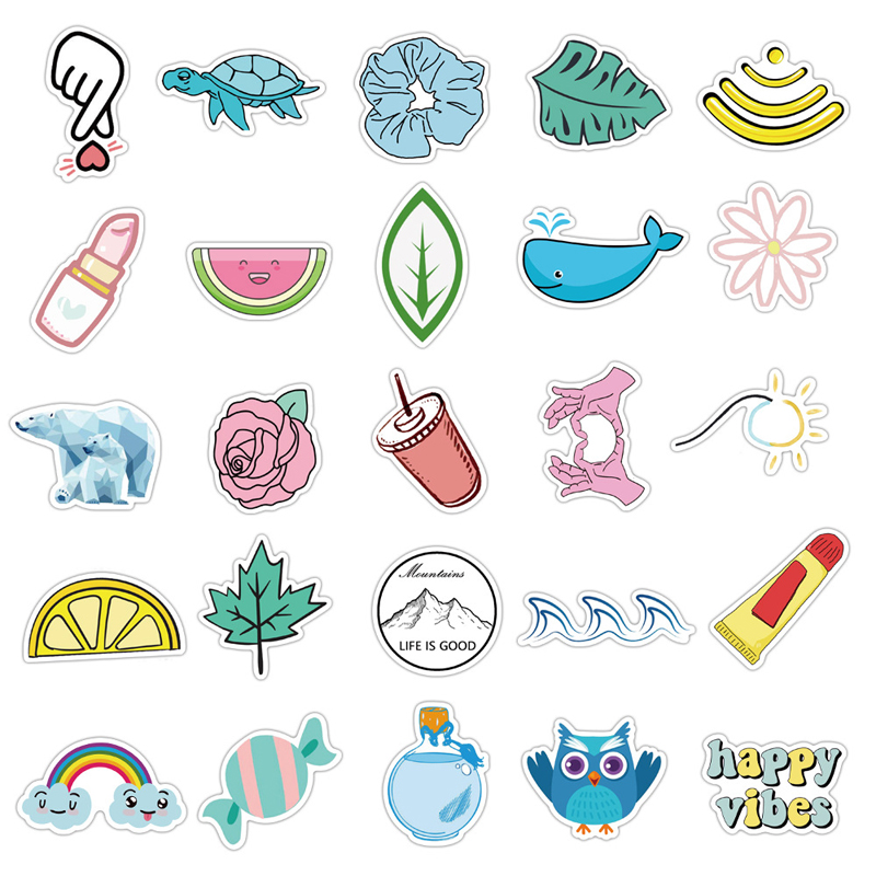 50pcs/Set Ins Style Yellow Pink Blue Cute Small Fresh Sticker Cup Computer Skateboard Waterproof Sticker Decoration Accessories