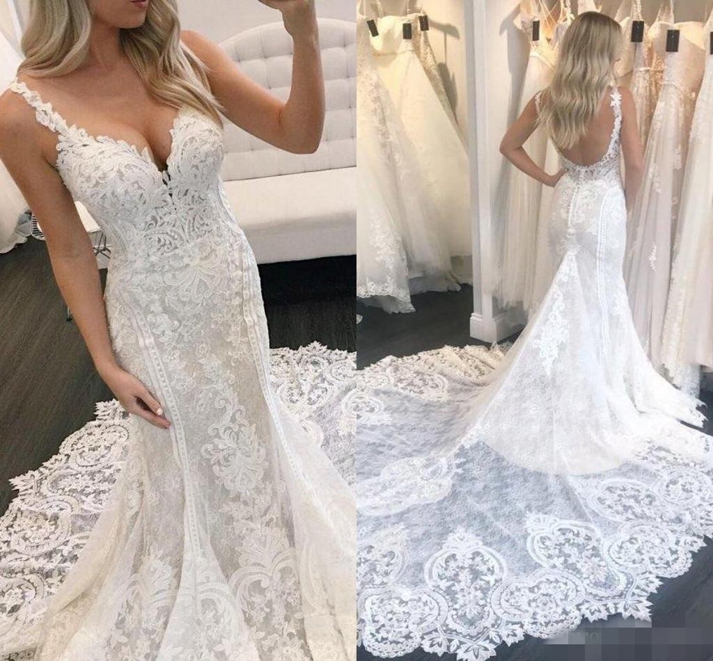 Gorgeous Lace Applique Dresses Spaghetti Straps Chapel Train Mermaid Sexy Backless Custom Made Wedding Gown Vestido De Novia