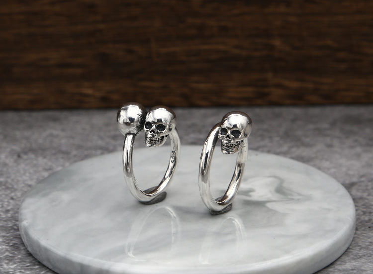 High quality 925 sterling silver fashion jewelry vintage style designer punk personalized one skull head and two skull head rings