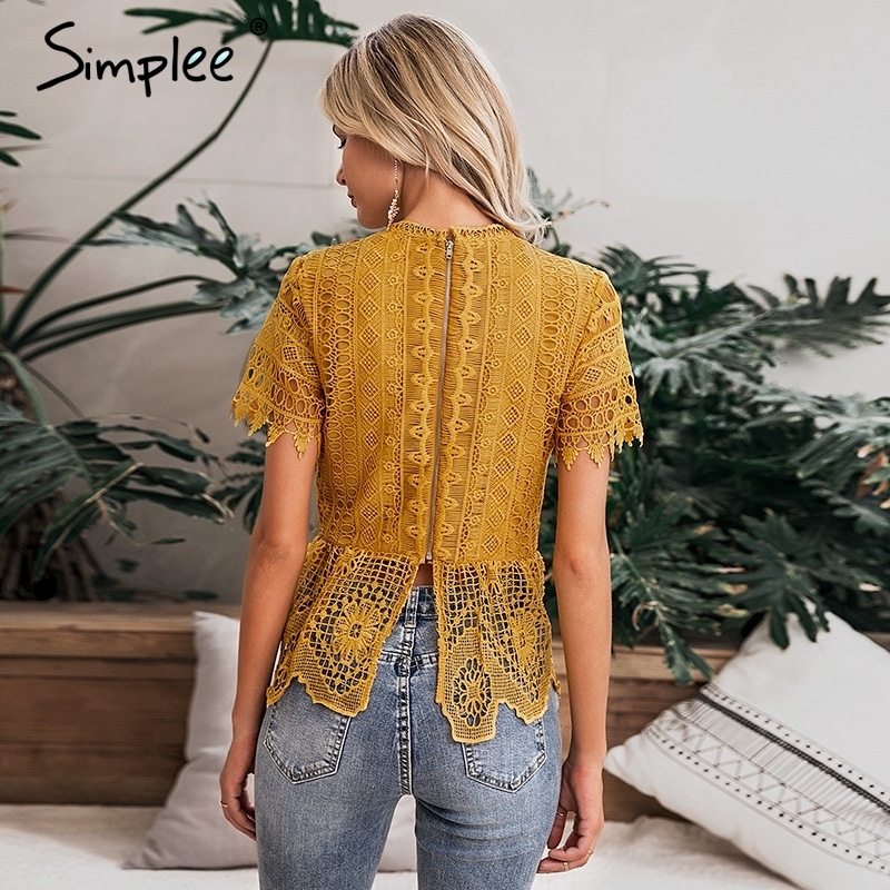 Simplee Elegant Lace Embroidery Women Blouse Shirt Short Sleeve Hollow Out Female Peplum Top Shirt Summer Ladies White Blouse Y19070101