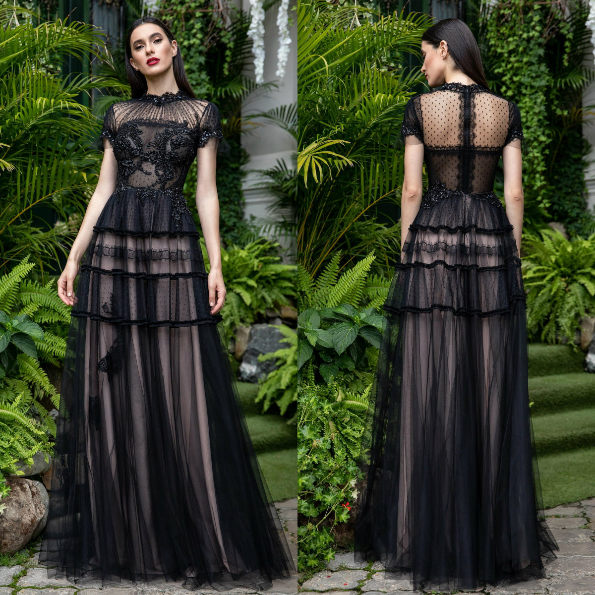 Sexy Black Prom Dresses High Neck Lace Beaded Celebrity Party Gowns Floor Length A Line Costume Formal Evening Dress