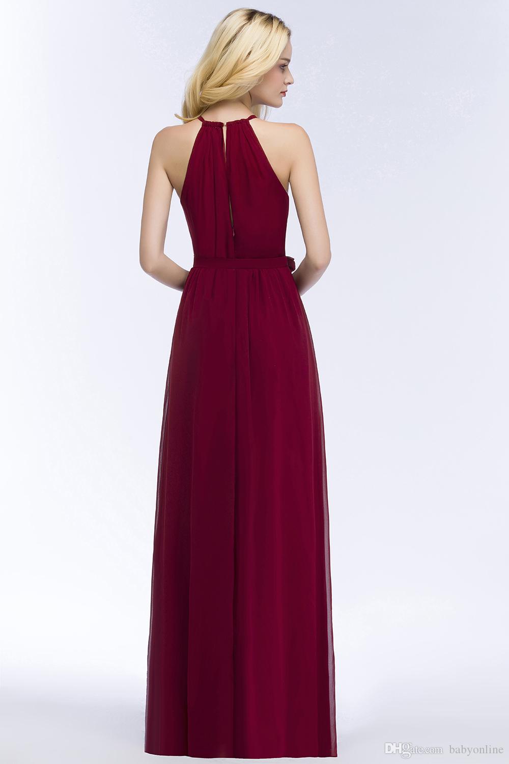 New Arrival Bury Chiffon Bridesmaid Dress Length Pleats Evening Prom Gowns Sexy Halter Neck With Belt Cps868