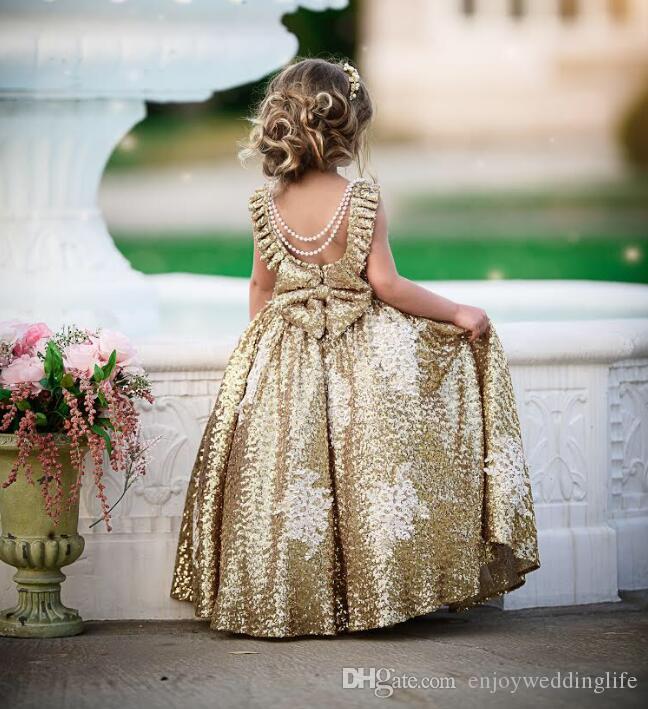 Arrival Lovely New Gold Sequined Champagne Ball Gown Wer Girl Dresses Lace Applique Backless With Bow Beadings Pearls Kids Prom Dress Lz0304