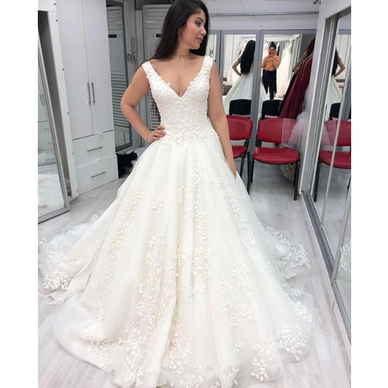 elegant v neck wedding dresses lace appliques backless sweep train bridal gowns with bow country plus size wedding dress