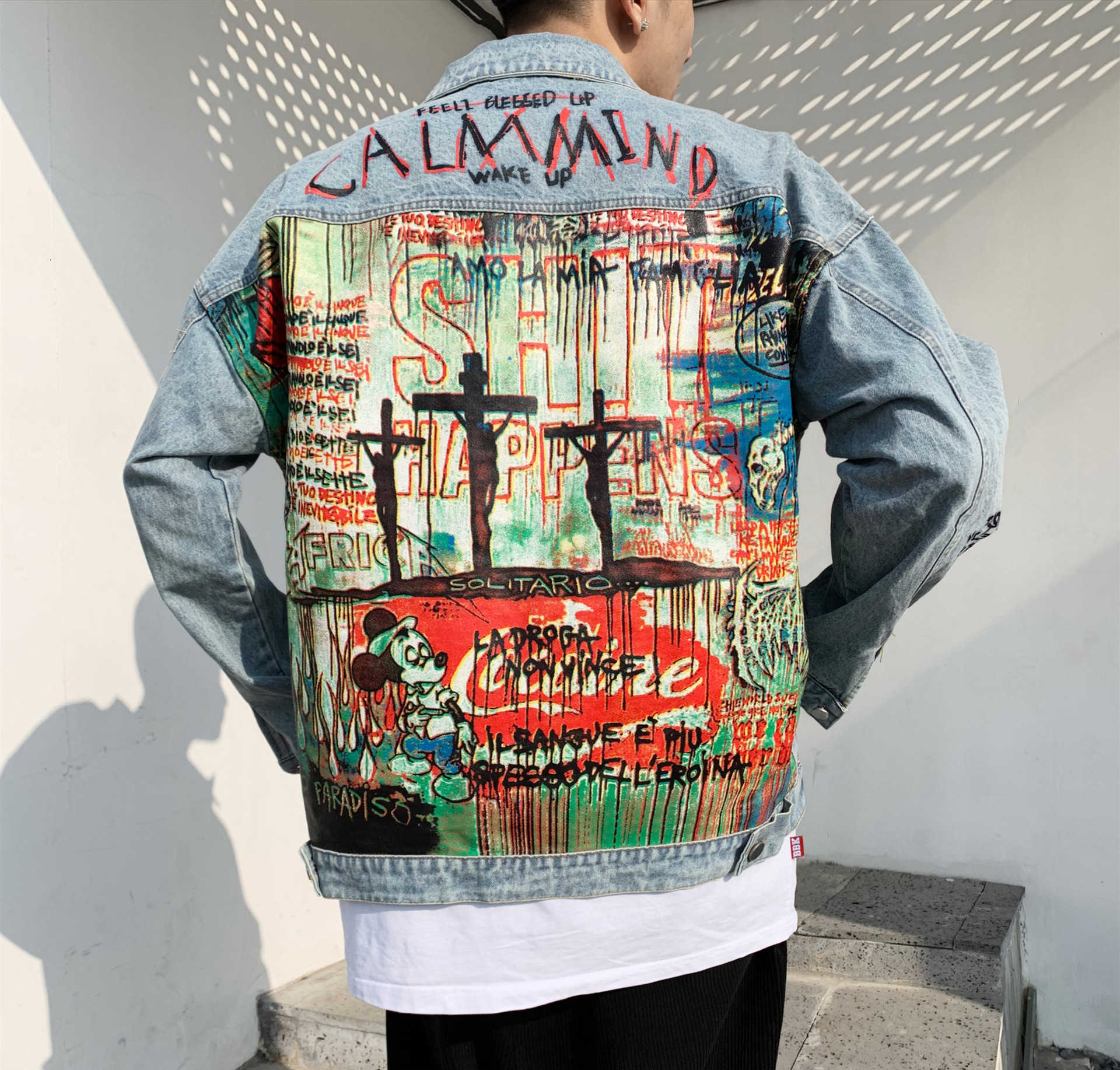 Devil Hand painted printing Men Denim Jacket Cartoon Graffiti Print Loose Coats Vintage Hip Hop Leisure Outerwear L290 S191019