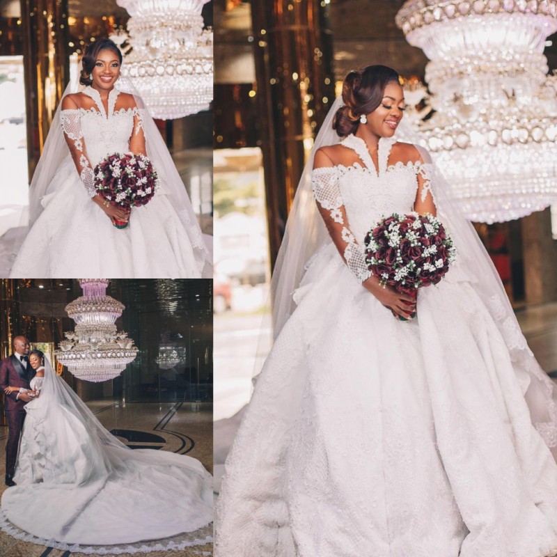 Lace Long Amazing Sleeves Beaded Wedding Dresses Sheer Off The Shoulder Appliqued Bridal Gowns A Line Court Train Tulle Robe De Marie