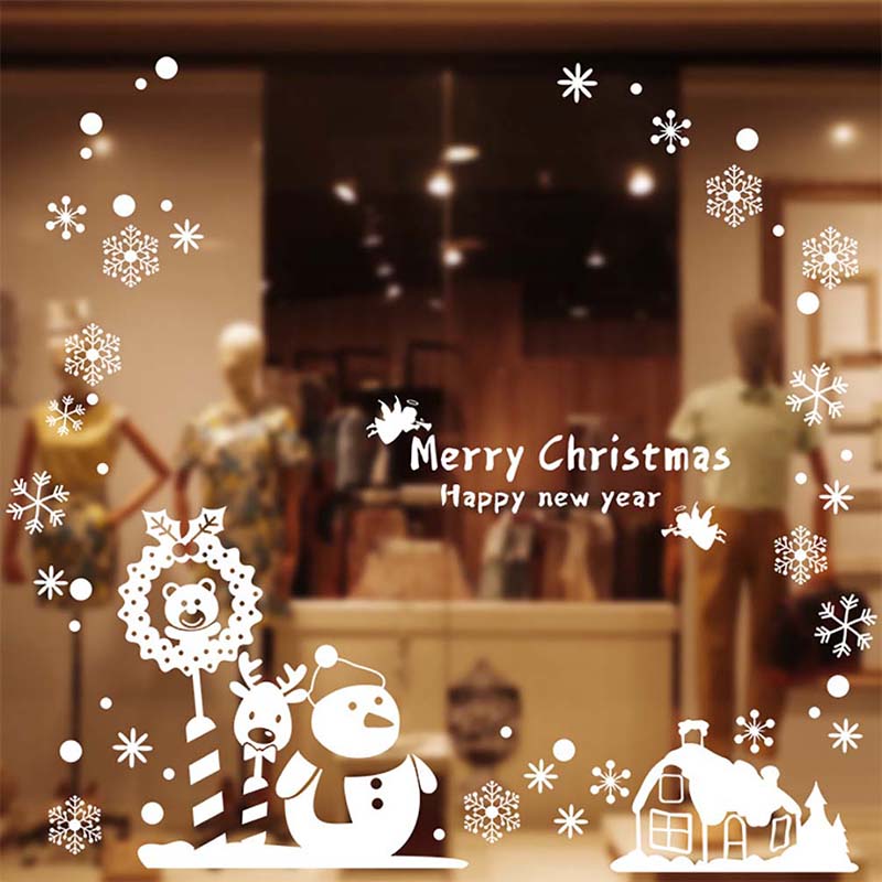 Merry Christmas Window Glass Sticker Decoration Xmas Tree Wall Stickers Snowman Santa Claus Home Background