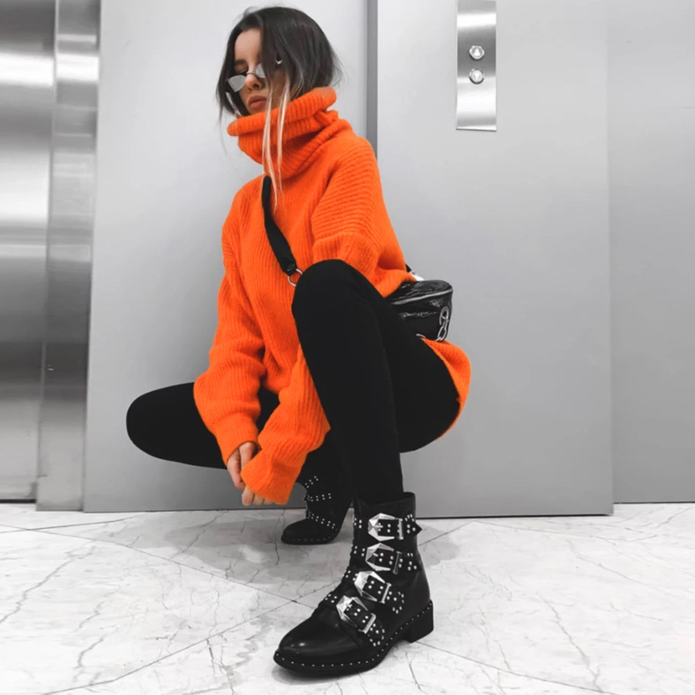 BOOFEENAA Fashion Turtleneck Oversized Sweater Winter Clothes Women Neon Green Pink Orange Pullover Ladies Knit Tops C54-AF91 LY191217